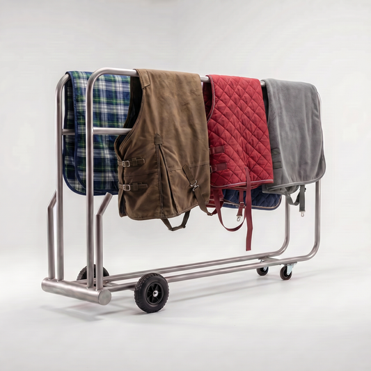 Stainless steel heated horse rug and boot dryer by Paddock Blade UK with 2 bars, designed for drying horse rugs and boots.