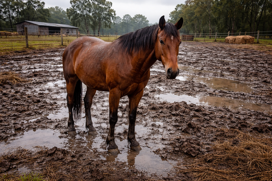 Horse standing in wet and muddy paddock
