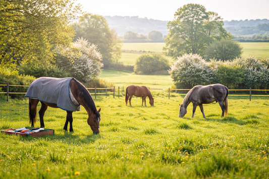 3 horses grazing in green paddock