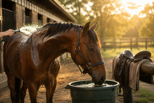 water drinking from bucket and being hosed down