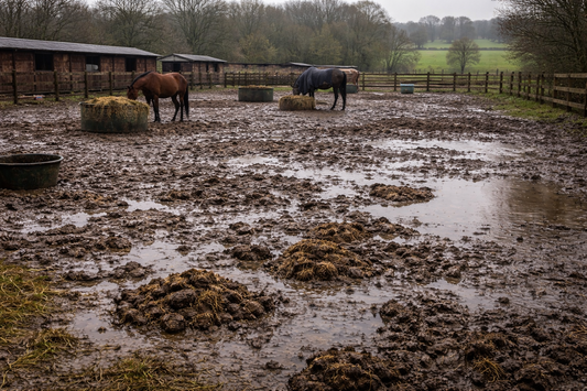 muddy UK paddocks after winter