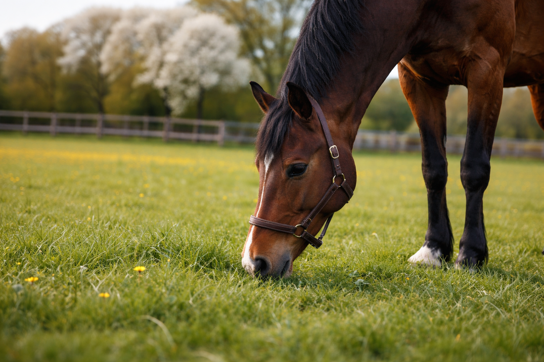 horse leaning down eating fresh green grass