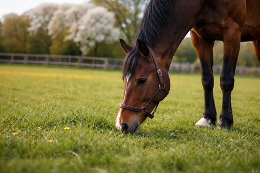 horse leaning down eating fresh green grass