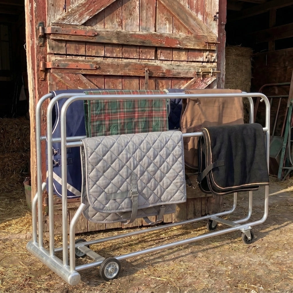 Stainless steel heated horse rug and boot dryer by Paddock Blade, UK-made, with 3 drying bars for horses and riding gear.