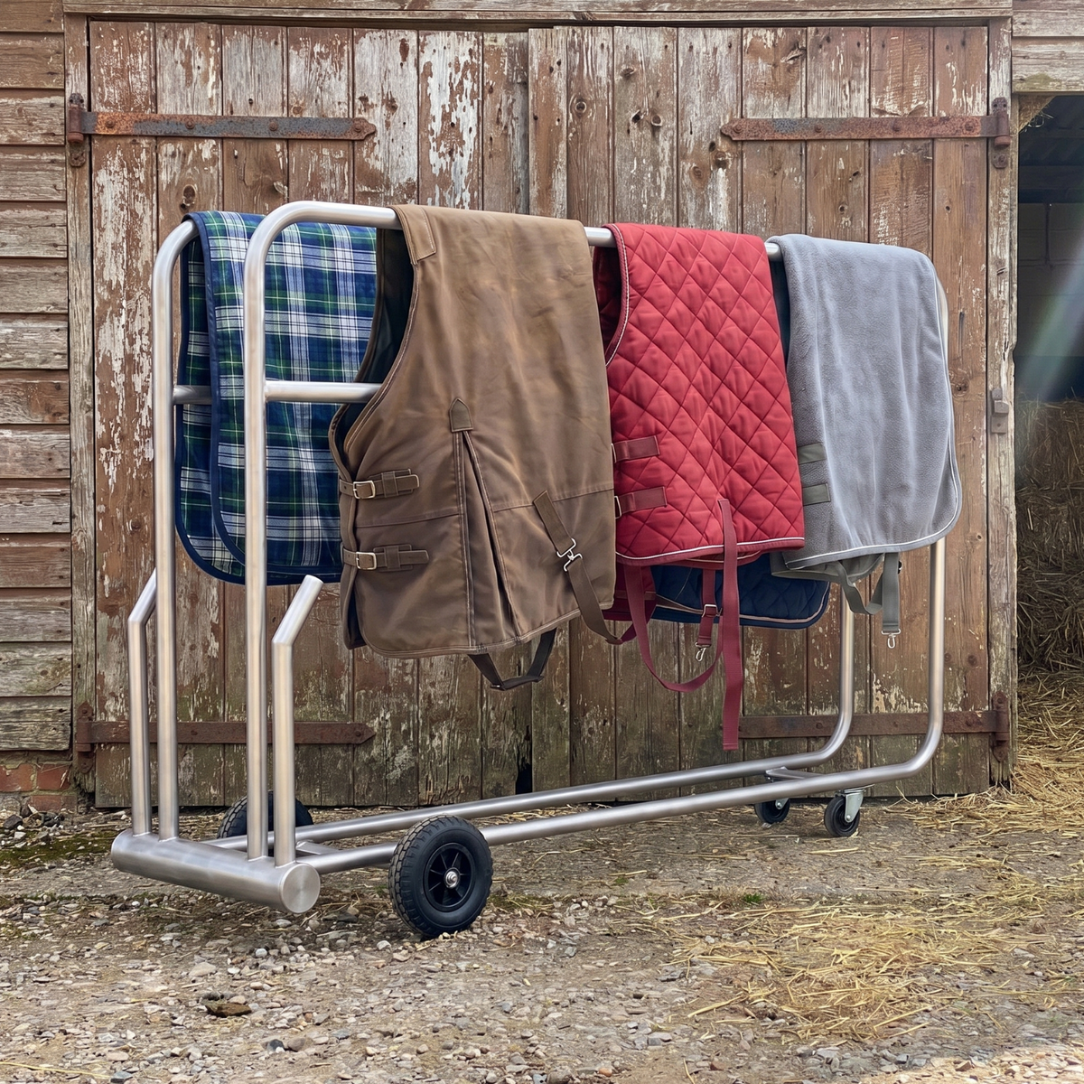 Stainless steel heated horse rug and boot dryer with 2 bars, British-made by Paddock Blade, shown in image.