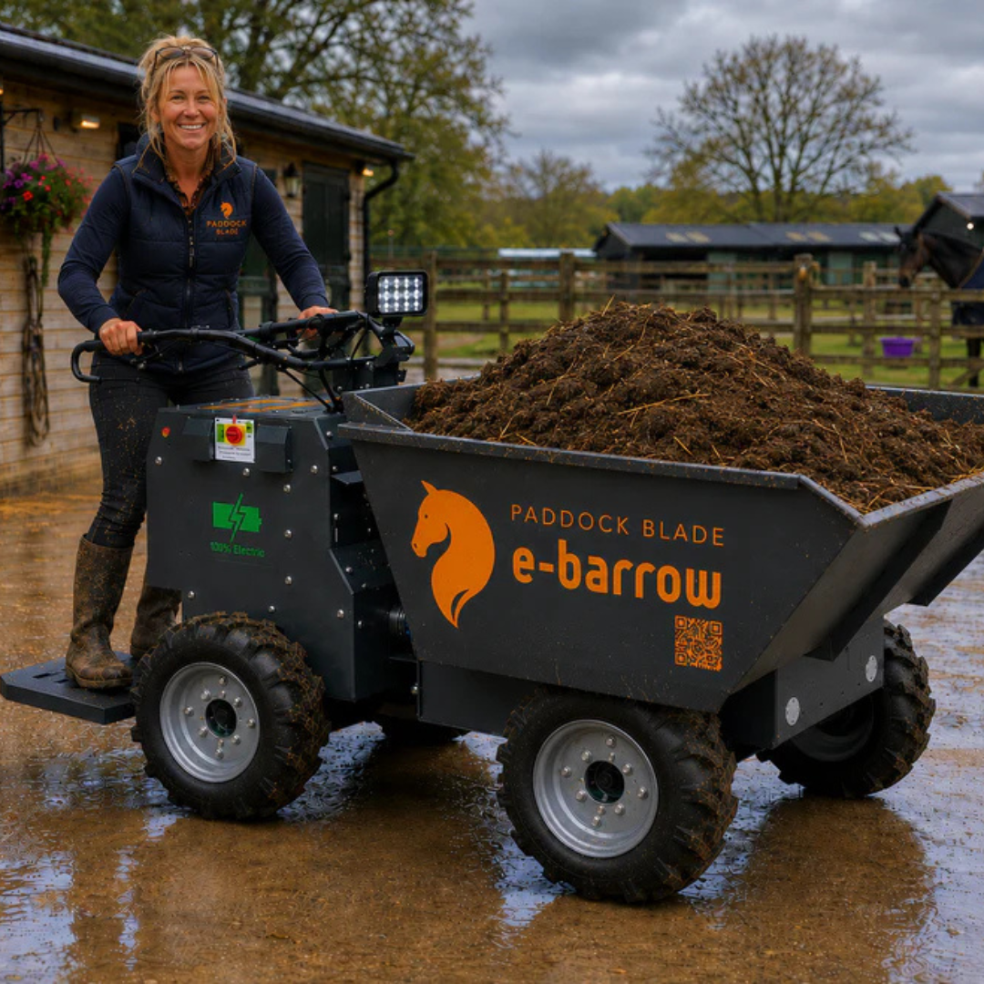 Paddock Blade United Kingdom 4WD electric ride-on yard barrow with sturdy metal frame and large wheels for easy terrain navigation.