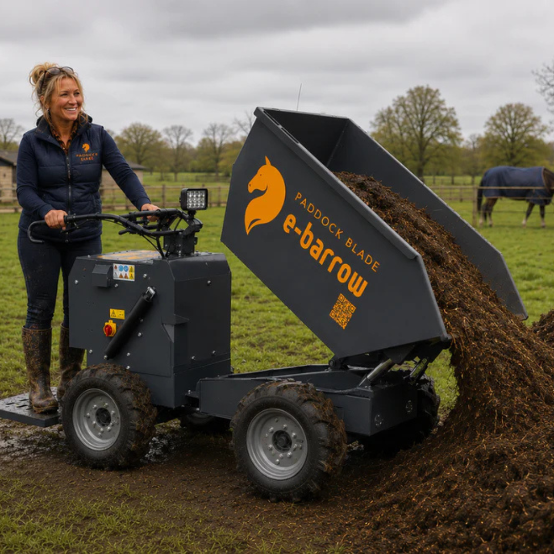 Paddock Blade United Kingdom electric ride-on yard barrow with four-wheel drive and large loading bin for gardening and yard work.