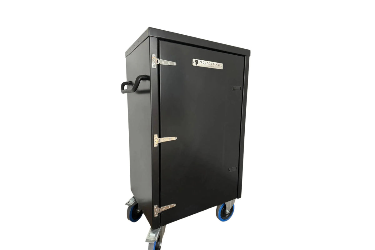 Paddock Blade United Kingdom deluxe aluminium tack locker on desktop, sturdy storage for horse tack and equipment.