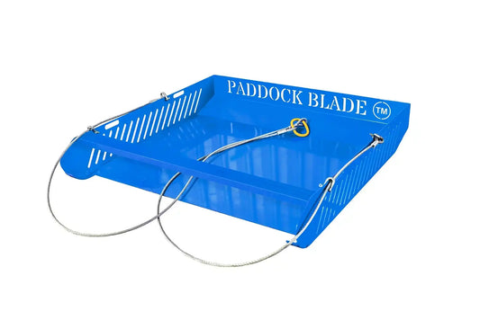 Paddock Blade horse paddock cleaner in blue, featuring a sturdy design for effective paddock maintenance.