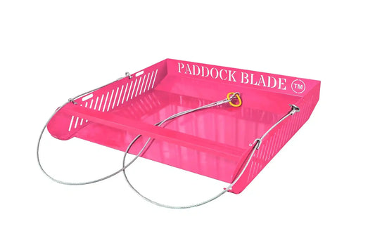 Hot pink Paddock Blade horse paddock cleaner with a square bar design, showcasing premium British craftsmanship.