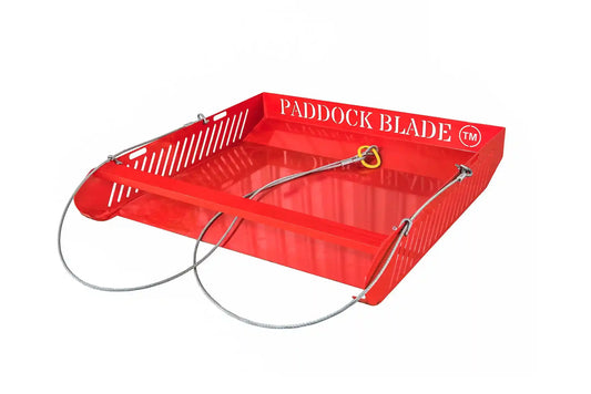 Red Paddock Blade horse paddock cleaner by Paddock Blade UK, durable signal red steel blade for efficient paddock maintenance.