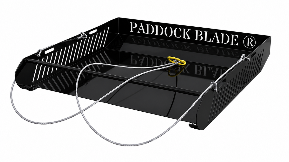 Black Paddock Blade horse paddock cleaner by Paddock Blade UK, showing the durable blade and handle for maintaining paddocks.