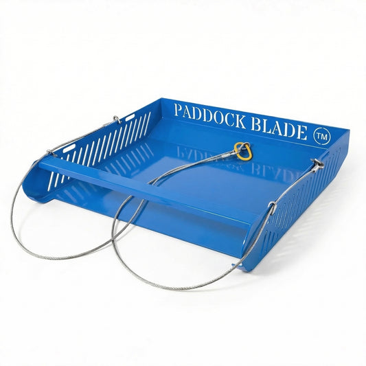 Blue Paddock Blade horse paddock cleaner bolt from Paddock Blade Australia, designed for efficient paddock maintenance.