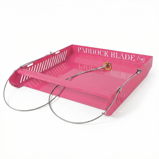 Hot pink Paddock Blade horse paddock cleaner by Paddock Blade Australia, premium British made, designed for efficient paddock maintenance.