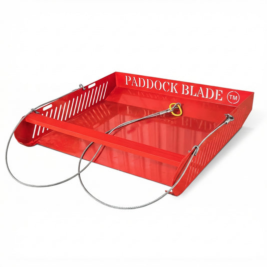 Red Paddock Blade horse paddock cleaner by Paddock Blade UK, heavy-duty tool for maintaining horse paddocks.