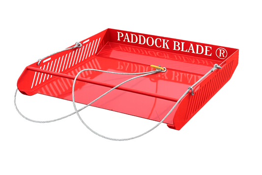 Red Paddock Blade horse paddock cleaner by Paddock Blade UK, premium British-made tool for maintaining horse paddocks.