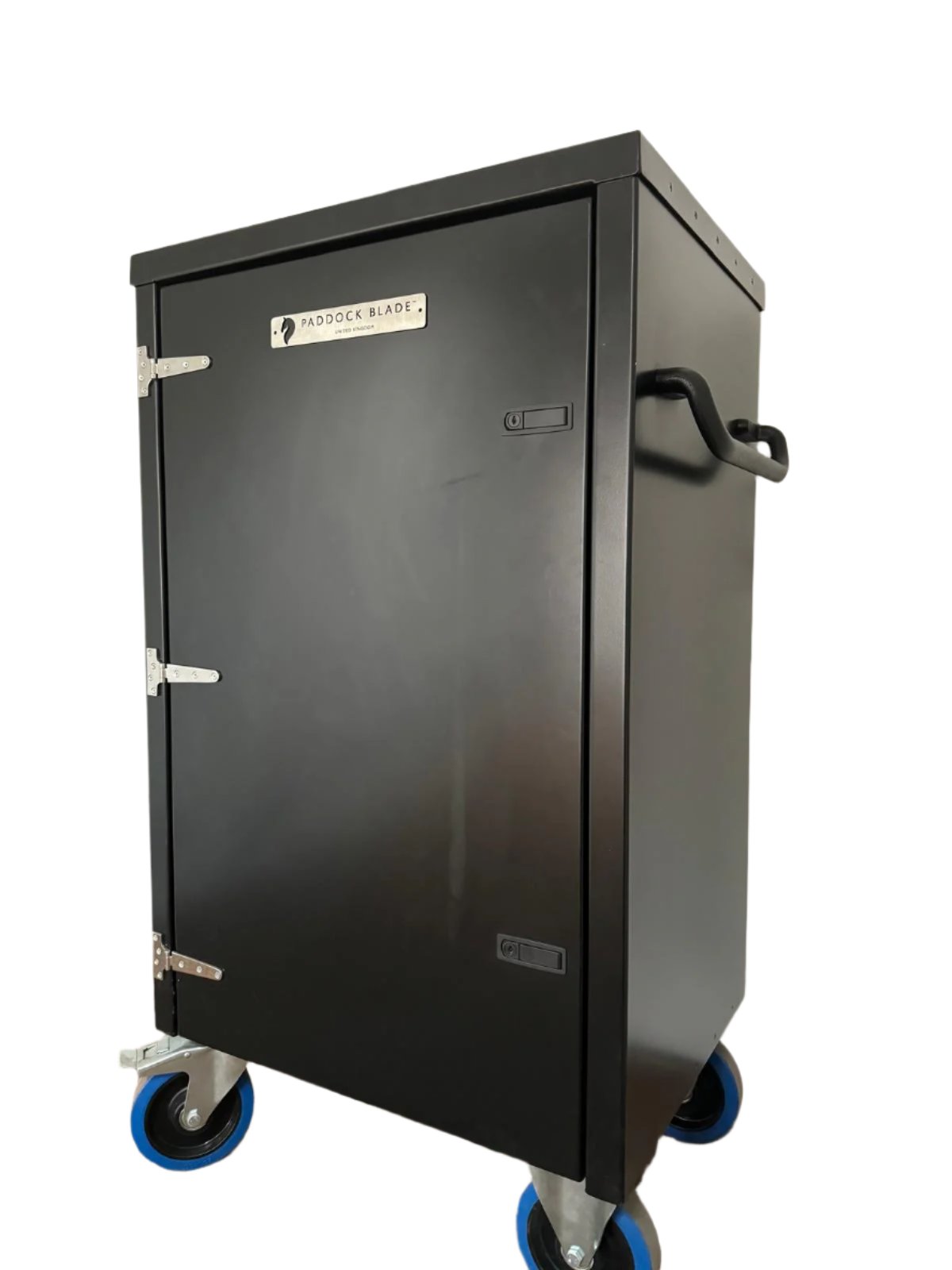 Paddock Blade United Kingdom aluminium tack locker with secure door and handle, designed for storing riding equipment.
