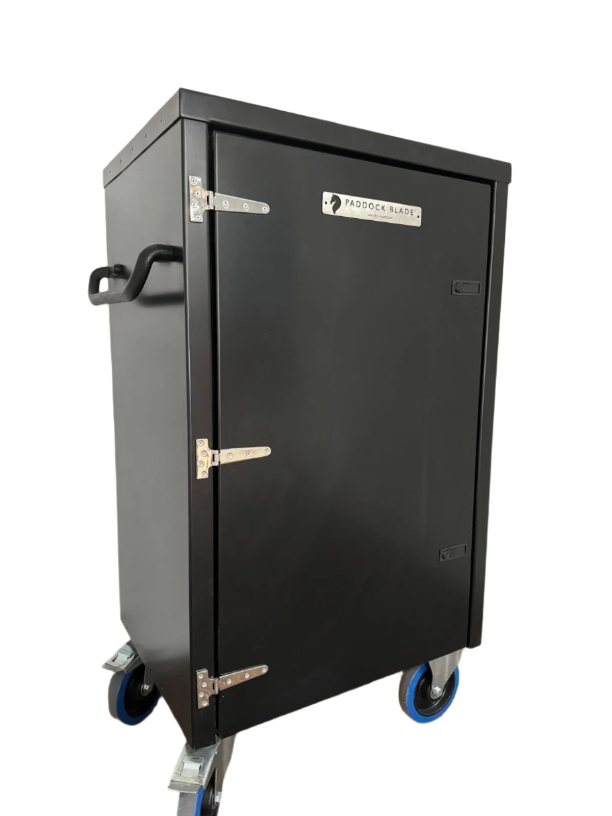 Paddock Blade United Kingdom deluxe aluminium tack locker with secure door and handles, ideal for equestrian tack storage.
