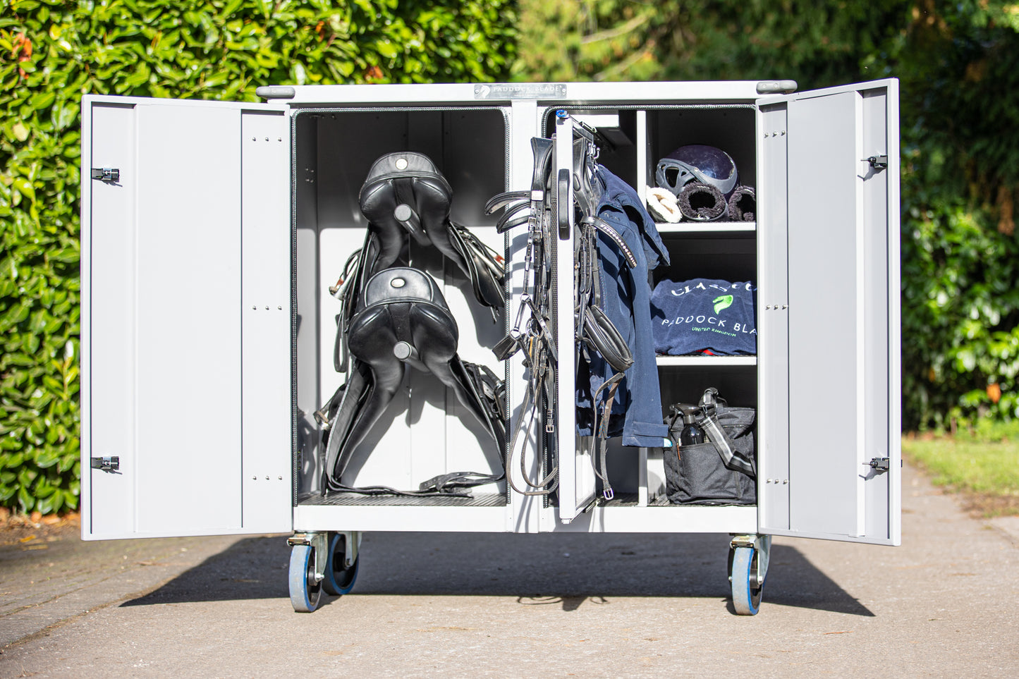 Large Paddock Blade Deluxe Aluminium Tack Locker showcasing robust design and ample storage space for equestrian gear.