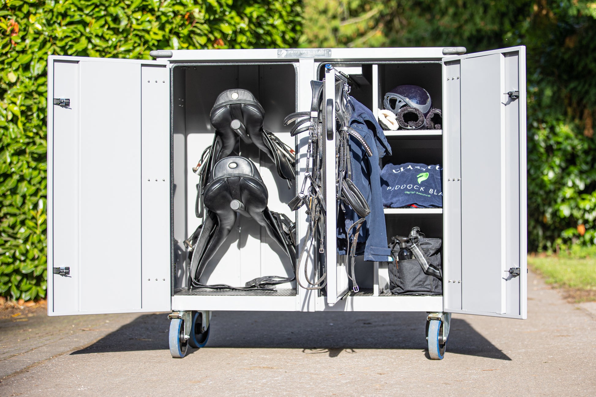 Large Paddock Blade Deluxe Aluminium Tack Locker showcasing robust design and ample storage space for equestrian gear.