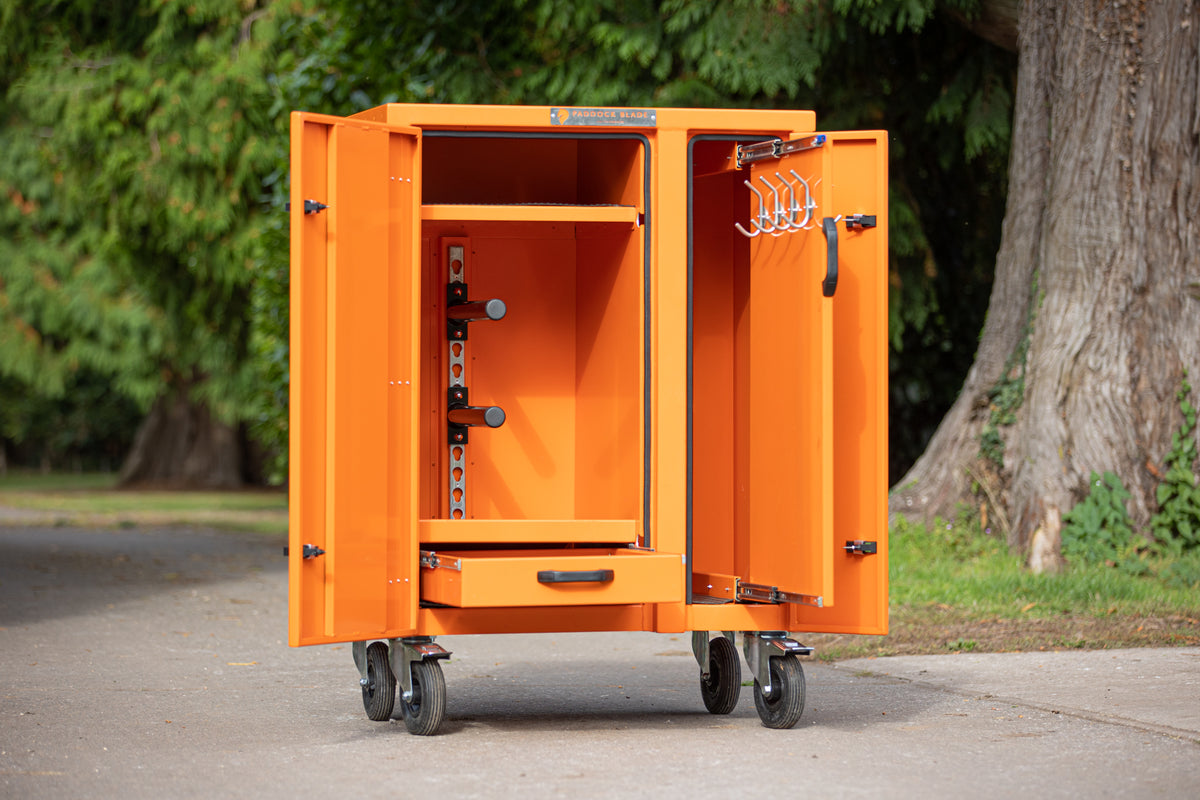 Medium Paddock Blade Deluxe aluminium tack locker by Paddock Blade UK, featuring secure compartments for horse tack storage.