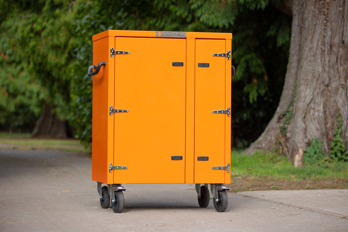 Medium Paddock Blade Deluxe aluminium tack locker by Paddock Blade UK, showing a sturdy, silver storage locker for equestrian tack.