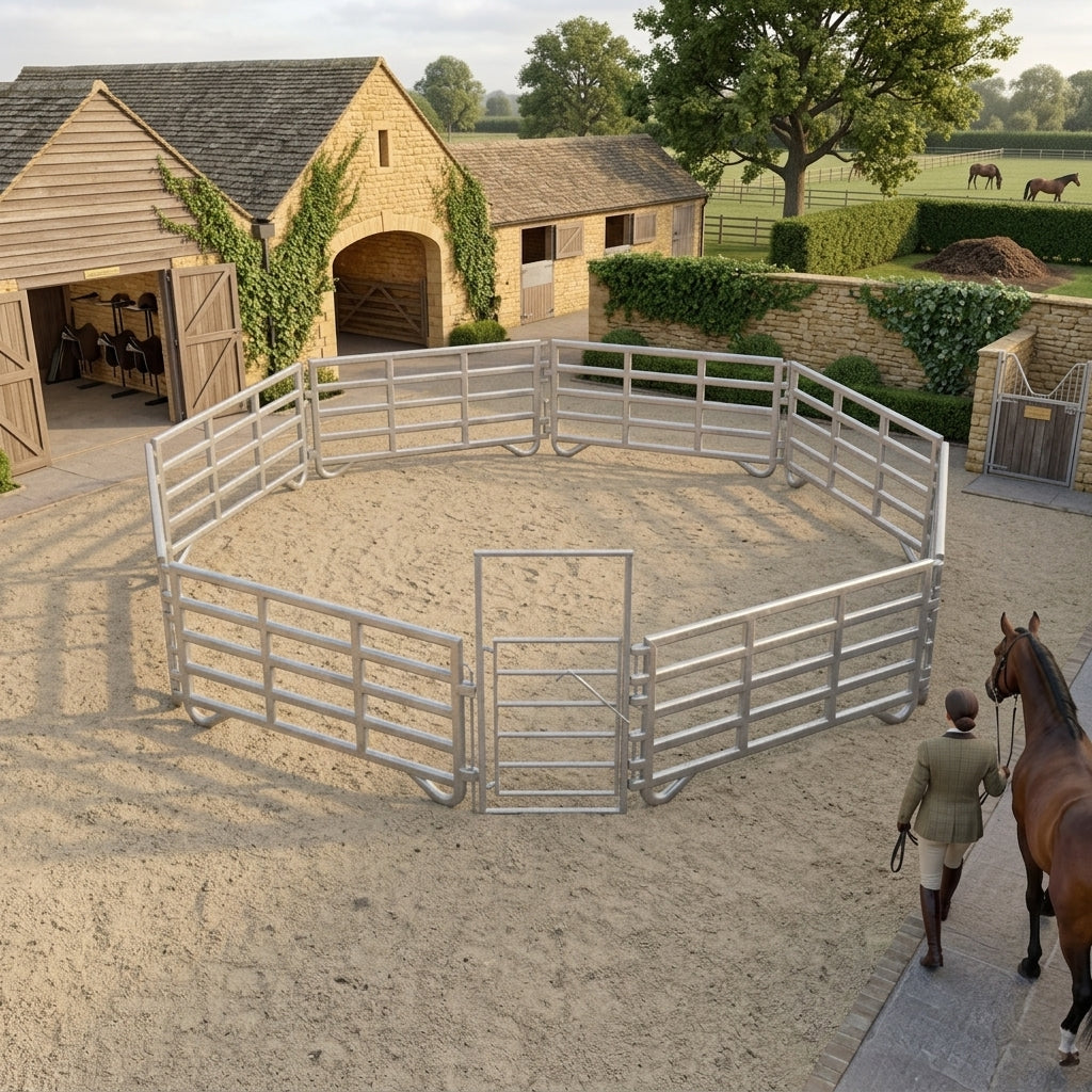 Aluminium roundpen system by Paddock Blade UK, featuring sturdy panels and a smooth, rounded design for horse training and exercise.