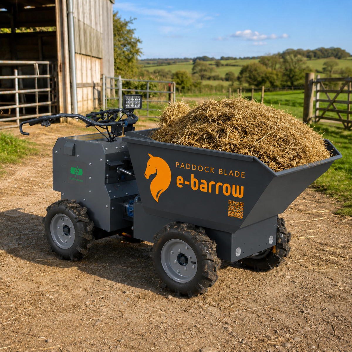 Paddock Blade United Kingdom 4WD electric ride-on yard barrow with sturdy steel frame and large wheels for farm and garden use.