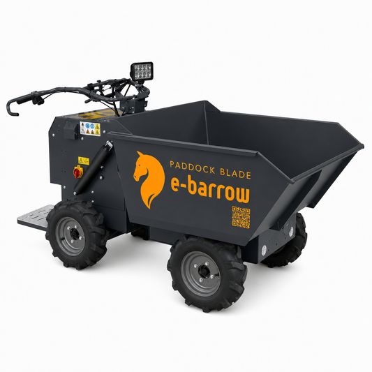 Paddock Blade United Kingdom 4WD electric ride-on yard barrow with sturdy paddock blade for efficient yard work.